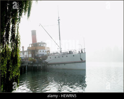 Il TSS *Earnslaw*, una storica nave a vapore alimentata a carbone, offre crociere panoramiche sul lago Wakatipu, nuova Zelanda. Operante dal 1912, funge sia da attrazione turistica che da promemoria dei viaggi a vapore dei primi anni del XX secolo. Foto Stock
