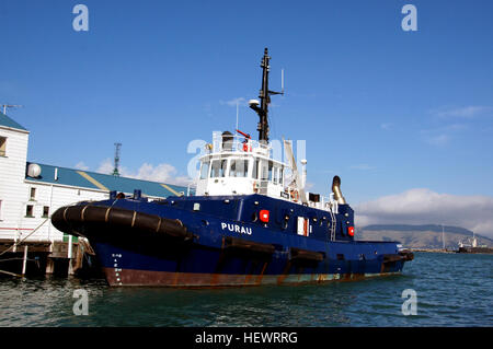 La Blue Boat e la Harbour Tug nel porto di Lyttleton, in nuova Zelanda, sono navi marittime chiave che supportano le operazioni portuali. Il Tug Purau è un importante rimorchiatore che assiste le navi di manovra all'interno del porto, garantendo una navigazione marittima sicura. Foto Stock