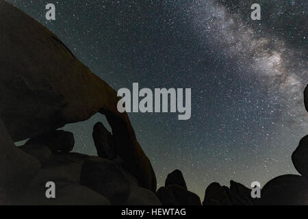 Silhouette di rocce e cielo stellato, Joshua Tree, CALIFORNIA, STATI UNITI D'AMERICA Foto Stock