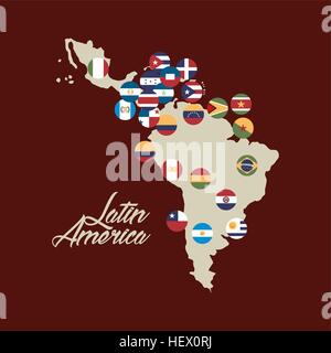 Mappa di America Latina con le bandiere dei paesi. design colorato. illustrazione vettoriale Illustrazione Vettoriale