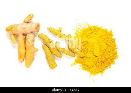 Fresh curcuma radice essiccate, curcuma radice e la curcuma in polvere Foto Stock