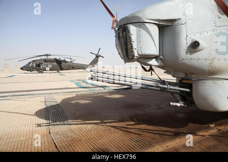 Un AH-1W Super Cobra con Marine Attacco leggero elicottero Squadron 169, terzo aeromobile Marina Wing (avanti) si appoggia in scena accanto a un UH-60un Black Hawk in avanti una base operativa Dwyer, Afghanistan. Il Cobra è uno di più di stanza a livello FOB Dwyer come parte di un HMLA-169 distacco che garantisce una rapida risposta a chiudere il supporto aereo per la coalizione e forze afghane all'interno dell'area. Marines dello squadrone spesso prestano assistenza alla manutenzione nonché accompagnatori armati per la Black Hawk equipaggio e i piloti del Charlie Company 214th reggimento Aviazione "Dustoff." Dwyer Cobra distacco fornisce vicino-aria tac Foto Stock