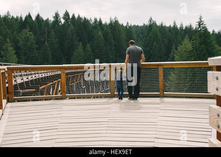 Padre e figlio in piedi sul ponte, vista posteriore del traliccio Kinsol Bridge, British Columbia, Canada Foto Stock