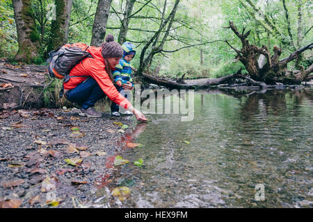 Madre e figlio di esplorare in streaming in foresta, Vancouver, British Columbia, Canada Foto Stock