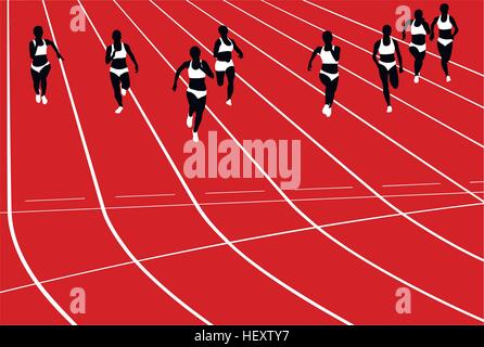 Gruppo donne guide sprint in esecuzione in stadium. silhouette nera illustrazione vettoriale Illustrazione Vettoriale