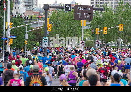 (Ottawa, Canada---24 maggio 2015) Stoloni ruotare verso il basso il canale all'inizio della maratona durante il Tamarack eseguire Ottawa weekend di gara. Foto Stock