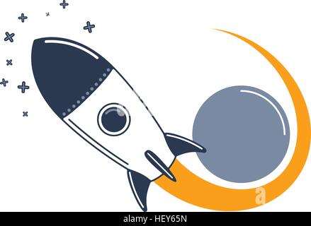 Cartoon razzo nello spazio. Vola a razzo del pianeta e per volare verso le stelle. Illustrazione Vettoriale. Illustrazione Vettoriale