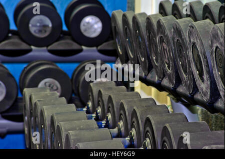 Le righe dei pesi a manubrio nel club benessere Palestra Foto Stock