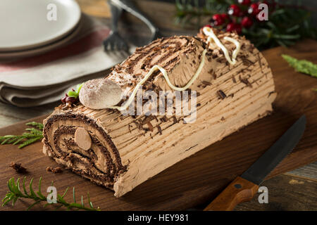 Cioccolato artigianale Natale Yule Log con mousse di glassa e Foto Stock