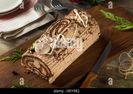 Cioccolato artigianale Natale Yule Log con mousse di glassa e Foto Stock