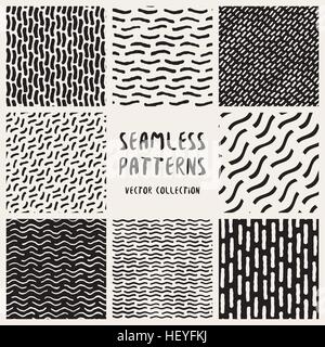 Set di otto Seamless in bianco e nero disegnato a mano i modelli geometrici collezione. Abstract di Freehand background artistico Design Illustrazione Vettoriale
