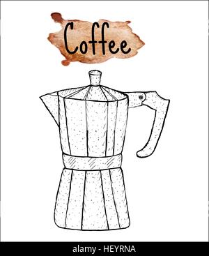 Caffè Caffè geyser sketch. L iscrizione del caffè su sfondo ad acquerello. Illustrazione Vettoriale Illustrazione Vettoriale