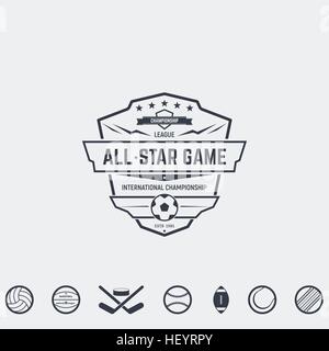 Set di logo retrò e gli emblemi, stemmi e insignias, etichette e indicazioni per squadre sportive, competizioni e all-star games. Calcio, Pallacanestro e altri Illustrazione Vettoriale