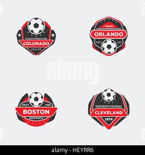 Set di football soccer team emblema. Sport team logo con sfera di colore rosso e nero pronti per la stampa su magliette. Illustrazione Vettoriale