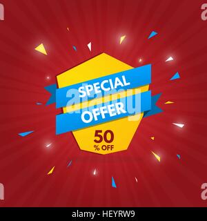 Offerta speciale carta nastro blu e giallo scudo, incandescente cocci battenti da bang. Vendita banner concetto. Illustrazione Vettoriale