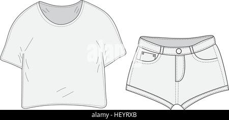 T-shirt e shorts impostare sketch, swag stile. Vestiti, mano-disegno, doodle stile. Donne suit. illustrazione vettoriale. Illustrazione Vettoriale