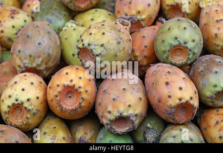 Fresh Opuntia ficus-indica (Indian fig, ficodindia) Frutti di cactus vendita sul mercato retail display di stallo, close up Foto Stock