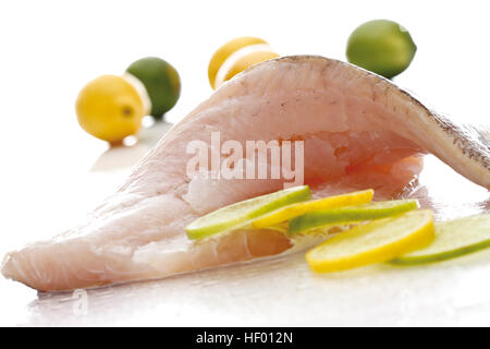 Fresche, materie Zander (Sander lucioperca) filetto con affettato e intera di limoni e limette Foto Stock