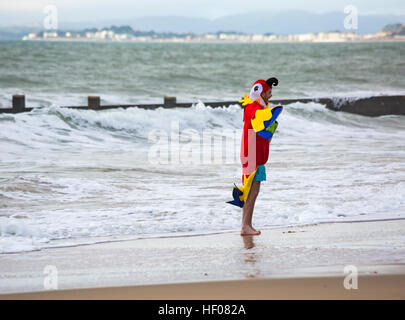 Giorno di Natale 25 dicembre 2016. Tuffo bianco di Natale a Boscombe, Bournemouth, Dorset, Regno Unito. Coraggiosi volontari si tuffano nel freddo mare agitoso per una nuotata, per la nona nuotata annuale di Natale mattina, vestiti con costumi di fantasia e raccogliere soldi per Macmillan cura locale a Christchurch, una Specialist Palliative Care Unit per i pazienti nella comunità locale. Centinaia di persone partecipano all'evento che è diventato una tradizione popolare per molti prima del pranzo. © Carolyn Jenkins/Alamy Live News Foto Stock