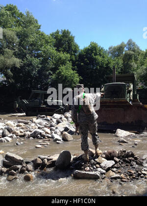 New York Army National Guard per ingegneri con la Task Force ingegnere, una forza mista composta di Stati Uniti Soldati con l'Ingegnere 204th battaglione, il 206th Polizia Militare Company e la 1427th Transportation Company, assistere con la rimozione di detriti e ampliando il Otsquago Creek in Fort pianura, N.Y., 5 luglio 2013, a sostegno della Guardia Nazionale di allagamenti gli sforzi di recupero nella Mohawk Valley. (U.S. Esercito nazionale Guard foto di Lt. Col. Christopher Panzer/RILASCIATO) Mohawk Valley Soccorso alluvione 130705-Z-ZZ999-007 Foto Stock