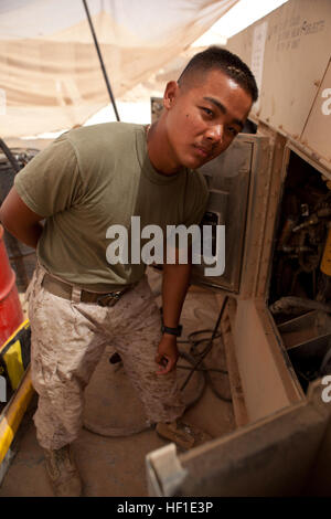 Cpl. Charles Guevarra, nativo di Long Island, N.Y., Marine e servire con il combattimento del reggimento di logistica 2, Comando Regionale (sud-ovest), posa per una foto vicino a un generatore di energia elettrica a Camp Dwyer, Afghanistan, Agosto 12, 2013. Guevarra, che è diventato un cittadino mentre si serve del Marine Corps, è un elettricista di base e Marine Corps Reservist fuori di Brooklyn, N.Y., che serve attualmente il suo secondo tour in Afghanistan. Egli ha anche preso parte in rilievo gli sforzi in New York dopo l uragano sabbiosa e sta andando al college con l aiuto dei militari. New York ricorda marino 9-11, condivide viaggio al servizio, Foto Stock