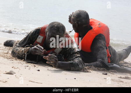 Aziende senegalesi de Fusilier Commandos Marine nuotare a terra garantendo la spiaggia è chiaro di un nemico o ostacoli sul Bel Air Base Navale di Dakar in Senegal, dopo essere stato insegnato dai marines e marinai con dedicate Air-Ground Marine Task Force Africa 13 Agosto 16, 2013. MAGTF dedicate Africa rafforza la U.S. Marine Corps Forces Africa e Stati Uniti Africa il comando della capacità di assistere i paesi partner in teatro la cooperazione in materia di sicurezza e di strutture militari impegni. MAGTF dedicate in Africa la iterazione corrente è il quarto lavoro di rotazione con le forze senegalesi. (U.S. Marine Corp Foto Stock