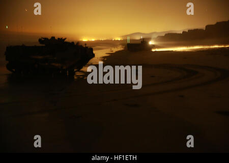 I Marines della compagnia Charlie, 3rd Assault Amphibian Battalion, conducono un atterraggio notturno sulla spiaggia con oltre 40 veicoli d'assalto anfibi durante l'addestramento a Camp Pendleton, preparandosi per il dispiegamento a Okinawa, in Giappone, per supportare le operazioni congiunte del Pacifico. Foto Stock