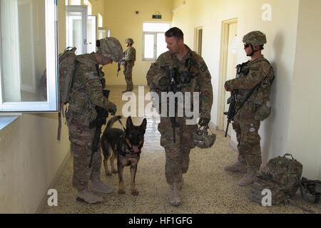 Sgt. 1. Classe Josh Conley, un personale incaricato della sicurezza regionale per il comando (Sud), conduce Air Force Staff Sgt. Kellie Peterson, un militare di cane da lavoro gestore, e tali, un militare di cane da lavoro, una camera al comuni a livello regionale polizia nazionale afgana Centro per cancellarla prima di iniziare una riunione di partenariato che i leader della Forza internazionale di assistenza alla sicurezza e forze di sicurezza nazionali afgane hanno partecipato il 1 ottobre, 2013. Peterson e tali sono state lavorando insieme dal febbraio 2013 ed entrambi sono stati in Afghanistan a partire dal mese di luglio. Il loro compito è quello di percorsi chiari, composti, camere e aprire Foto Stock