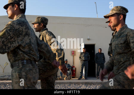 Polizia nazionale afgana forze trapano pratica sulla parata coperta a Lashkar Gah Training Center (LTC), provincia di Helmand, Afghanistan, nov. 25, 2013. I membri dell'ANP frequentare l'LTC per ricevere la base di formazione di polizia di varie materie come l'alfabetizzazione, veicolo ricerca, improvvisato dispositivo esplosivo sconfitta, trapanare e primo soccorso. (Gazzetta Marine Corps Foto di Sgt. Tammy K. Hineline/RILASCIATO) Polizia nazionale afgana costringe il treno a Lashkar Gah Training Center 131125-M-RF397-216 Foto Stock