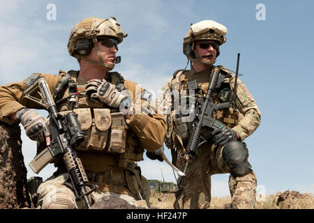 Master Sgt. Brendan Y. McDonald, il morsetto di giunzione controller di attacco e il Senior Airman Luca W. Nelson, Radio operatore manutentore e Driver, 124aria supportano operazioni Squadron, piloti diretta dal 190Fighter Squadron battenti A-10 Thunderbolt II Facoceri alla loro formazione designati bersagli durante l'aria vicino il supporto di dimostrazione (CA) per l'Idaho delegazione del Congresso al Saylor Creek gamma di bombardamenti in Idaho il 3 maggio 2014. (Air National Guard foto di Tech. Sgt. Joshua Allmaras) Chiudere il supporto aereo dimostrazione per Idaho delegazione congressuale 140503-Z-IM874-311 Foto Stock