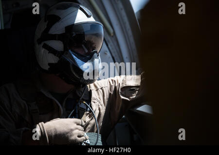 Lancia Cpl. Giovanni di grandi dimensioni, un CH-46E Sea Knight elicottero capo equipaggio con Marine mezzo squadrone di elicottero 774, quarto aeromobile Marina Wing, forze Marine Riserva, guarda fuori per gli ostacoli durante un'area familiarizzazione volo come una parte di formazione integrata esercizio 4-14 qui Giugno 7, 2014. Il funzionamento di volo è stato il primo durante la ITX 4-14, due settimane di esercizio e la prima volta per i piloti che volano in un ambiente desertico poiché lo scorso anno ITX. ITX è il più grande Marine Corps riserva esercizio di formazione con più di 4.000 marines e marinai che partecipano da unità attraverso gli Stati Uniti. Il Foto Stock