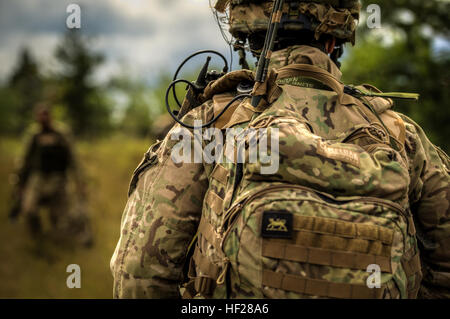 Un esercito britannico soldato marche indietro verso il suo rally point durante la formazione sul campo porzione di Saber Strike esercizio a Adazi Area Formazione, Lettonia il 17 giugno 2014. Saber Strike 2014 è un giunto, multi-nazionale militare di esercizio prevista per il mese di giugno 9- 20. L'esercizio si estende su più sedi in Lituania, Lettonia e Estonia, e coinvolge circa 4.500 personale da 10 paesi. Questo esercizio è progettato per promuovere la stabilità regionale, rafforzare militare internazionale di partenariati, migliorare l'interoperabilità multinazionale e preparare i partecipanti a livello mondiale per le operazioni di emergenza. Foto Stock