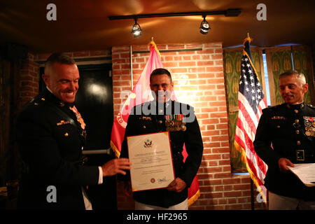 Il brigadiere gen. Vincent Coglianese, 1° Marine Logistics Group comandante generale, si congratula con il Col. James Maxwell durante la sua cerimonia di pensionamento nella città di New York, 26 giugno 2014. Maxwell, un stato di New York trooper e Marine, servita 32 in Marine Corps. Durante la sua carriera ha servito in Operazione Desert Shield, Operazione Desert Storm e l Operazione Enduring Freedom. Marine si ritira dopo 32 anni di servizio e continua a combattere contro il terrorismo 140626-M-KO203-810 Foto Stock