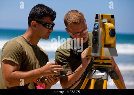 Lancia Cpl. Michael Stroud (sinistra), a Des Moines, Iowa, nativo, e Lance Cpl. Joshua Svenson, a Hillsboro, N.H., nativo, geospaziali analisti di intelligence con 2° Battaglione di intelligence, II Marine forza expeditionary, utilizzare apparecchiature di indagine su una spiaggia a Camp Pendleton, California, 16 luglio 2014. Marines dal battaglione ha effettuato un giro di formazione missionaria alla base per testare la loro capacità di condurre indagini idrografiche al di là della loro stazione di casa di Camp Lejeune, N.C. Ha introdotto il sondaggio idrografiche di programma che è unico in Marine Corps, come un modo di condurre analisi dettagliata delle Foto Stock