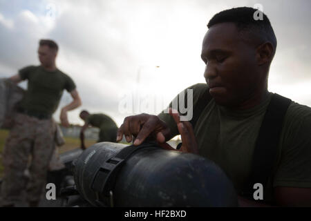 Stati Uniti Marine, chimica radiologica biologiche nucleari (CBRN) specialisti di difesa dal 31 Marine Expeditionary Unit condurre un esercizio di formazione su Camp Hansen, Okinawa, in Giappone, 30 luglio 2014. CBRN è affidata la missione di individuare, test e contengono materiali pericolosi o di gas per proteggere ulteriormente U.S. Le forze. (U.S. Marine Corps Photo by Lance Cpl. Brian Bekkala/ Rilasciato) 31 MEU Marines tuta per esercizio CBRN 140730-M-GR217-478 Foto Stock