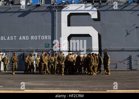 Il tenente gen. Ronald L. Bailey, vice comandante per piani, politiche e operazioni, indirizzi Marines e marinai con scopo speciale Marine Air Ground Task Force sud sul ponte di volo del futuro assalto anfibio nave USS America (LHA 6) durante una visita di porta a Rio de Janeiro, Brasile, 7 Agosto, 2014. Gen. Bailey ha parlato del significato del lavoro i Marines e marinai hanno compiuto e il futuro dell'SPMAGTF in Marine Corps. SPMAGTF-Sud è attualmente impegnato a bordo di America sulla sua fanciulla di transito, soprannominato 'America visite nelle Americhe. " (NEGLI STATI UNITI Marine Corps foto di Cpl. Fare Foto Stock