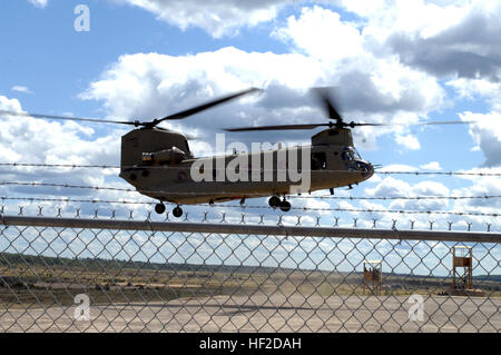 Un esercito di Michigan Guardia Nazionale CH-47 elicottero Chinook terre al Camp Temolo aria alla gamma di massa, temoli, Mich, per il trasporto di truppe che partecipano all'operazione Northern Strike, Agosto 13, 2014. Northern Strike è un comune bracci combinata live-fire esercizio presso il Camp temolo e Alpena Combat Readiness Training Center in Michigan settentrionale militari con i partecipanti della Lettonia, Canada, in Lituania e in più Stati Uniti servizio attivo e la Guardia Nazionale truppe. (U.S. Air Force foto di Master Sgt. Denice Rankin/RILASCIATO) Michigan Guardia Nazionale ospita visitatori per funzionamento sciopero del Nord 2014, Cam Foto Stock