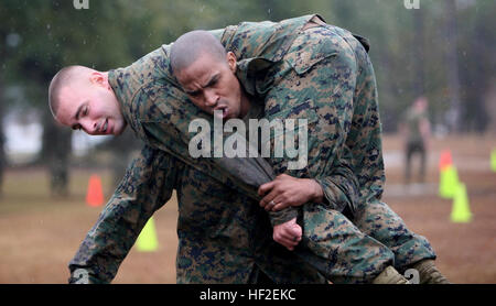 Lancia Cpl. Alex Fuller, un impiegato di versamento con seconda Marine Logistics Group (avanti), pompiere trasporta un Marine durante un combattimento Fitness Test, qui, Dic 10. ALMAR 032/08, Pubblicato il Agosto 8, afferma che il CFT è una parte tre test con applicazione universale sviluppato intorno vignette operativa che può rappresentare un Marine dell esperienza di combattimento. Flickr - DVIDSHUB - Fitness Test mostra Marines un assaggio di combattimento Foto Stock
