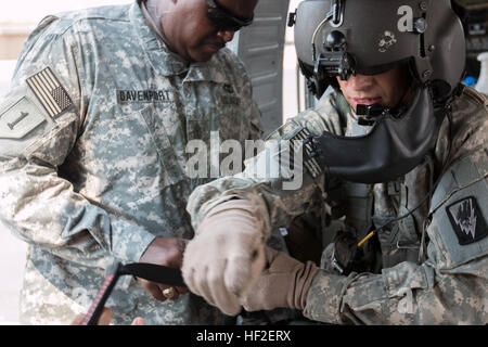I medici di volo con la compagnia F, il 2/147th Assault Helicopter Battalion addestrano i soldati del 21st Combat Support Hospital nel carico e nello scarico dei pazienti durante le esercitazioni in elicottero medevac a Camp Arifjan, Kuwait, il 29 agosto 2014, sostenendo l'operazione Enduring Freedom-Kuwait. Foto Stock