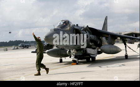 Lancia Cpl. Alexander Stensland, sinistra, segnali di buona per andare a Lt. Col. Roger T. McDuffie che sta sperimentando un AV-8B Harrier sulla linea di volo al Marine Corps Air Station Cherry Point, N.C., Sett. 10, 2014. Stensland è un aeromobile powerline e meccanico McDuffie è il comandante della Marina squadrone di attacco 223. Stensland è un nativo di Hastings, Minn. VMA-223 Marines treno durante esercizio bandiera verde 140910-M-SR938-067 Foto Stock