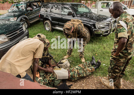 Petty Officer di terza classe Zachary Gibson incarica i soldati con il Burundi National Defence Force (BNDF) sul combattimento tecniche salvavita a Bujumbura, Burundi, nov. 6, 2014. Durante la simulazione, il soldato BNDF è stata vittima di un improvvisato dispositivo esplosivo esplosione, evacuato da un compagno soldato e trattati da un [BNDF Corpsman]. Gibson è un corpsman con SPMAGTF-crisi Response-Africa, formazione a fianco del BNDF, l'insegnamento di base tattiche di fanteria, ingegneria di supporto logistico, contrastare-IED, tecniche salvavita e operazioni di convoglio per prepararli per una prossima distribuzione in su Foto Stock