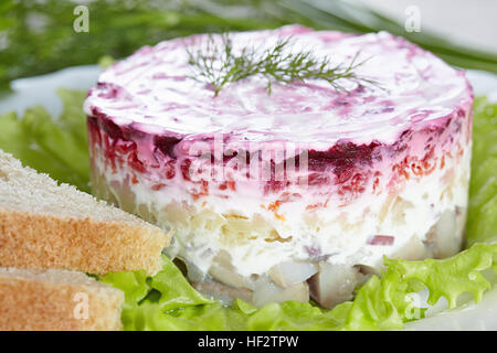 Insalata "aringa sotto una pelliccia"su una piastra bianca Foto Stock