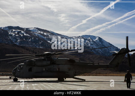 Stati Uniti Marines con pesanti elicottero Marine Squadron 466, assistono i Marines con il combattimento il battaglione della logistica 26, caricamento dei supporti di alimentazione e di carico nella loro CH-53 Sea Stallion presso l'U.S. Marine Corps Mountain Warfare Training Center (MWTC) Bridgeport, California, Febbraio 3, 2015. Treni MWTC Marines attraverso le funzioni di combattimento per operazioni in zone montuose, altitudini elevate e basse temperature ambienti allo scopo di migliorare una unità la possibilità di sparare, spostare, comunicare, sostenere, e sopravvivere nelle regioni di montagna del mondo. (U.S. Marine Corps foto di Sgt. Anthony L. Ortiz/RILASCIATO) CLB-26 Marines lavorare con Foto Stock