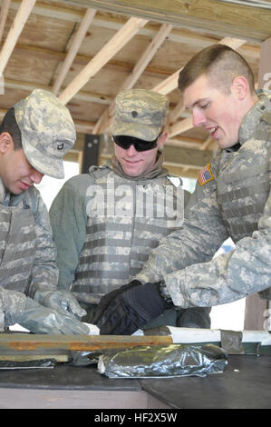 Pfc. Edwin Martinez, SPC. Terry Brooks e PFC. Zachery Oler, ingegneri dell'Ingegnere 105° Battaglione, 171st Engineer Sapper Company, lavorare insieme per preparare un braciere carica durante la formazione annuale a Fort Bragg, N.C., Febbraio 7, 2015. Ogni anno soldati arrivano alla gamma di mettere in pratica le loro competenze pratiche con la preparazione e la detonazione di diversi tipi di cariche esplosive. (U.S. Esercito nazionale Guard foto di Spc. Lisa vitigni, 382 Affari pubblici Distacco/RILASCIATO) ingegneri a costruire un clima di fiducia e di cariche esplosive durante la formazione 150207-Z-EH515-066 Foto Stock