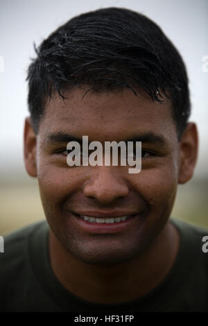 Lancia Cpl. Isidro Johnsonsmith in posa per una foto prima di essere spruzzato con Oleoresin Capsicum o OC spray, 6 marzo su Marine Corps Air Station Futenma, Okinawa. Lui e altri Marines temporaneamente assegnati alla sicurezza aumentano la forza per Marine Corps Impianti Pacific- Marine Corps base Camp Butler, Giappone, sono state introdotte per la sensazione viscerale del irritanti per capire i suoi effetti e come far funzionare se essi sono stati esposti durante la spruzzatura di un assalitore. Johnsonsmith è a San Francisco, California, nativo e un meccanico aeronautico con Marine mezzo squadrone Tiltrotor 265, aeromobili Marine Gro Foto Stock