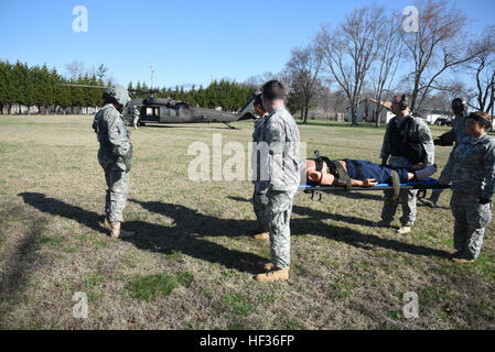 Funzionamento ciclone, Delaware Guardia Nazionale formazione congiunta di esercitare con gli avieri e soldati rispondendo a simulare un tornado che ha spazzato attraverso il nuovo castello della contea. Esercito Black Hawk elicotteri arrivare ad evacuare simulato il personale ferito al riparo dell'aria Base, dove i pazienti sono trasferiti su C-130s per evacuazione aerea nel nuovo castello, Del. (U.S. Esercito nazionale Guard photo by Staff Sgt. James Pernol/RILASCIATO) Delaware Guardia Nazionale conduce la formazione congiunta esercizio 150411-Z-GL773-0070 Foto Stock