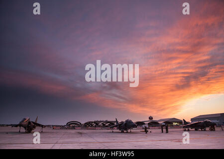 Attacco Marine Training Squadron 203 equipaggi di manutenzione velivolo pronto sulla linea di volo prima di operazioni di volo a bordo del Marine Corps Air Station Cherry Point, N.C., 17 marzo 2016. AV-8B Harrier era il primo verticale/breve decollo e atterraggio jet nell'inventario marino, dando Air-Ground Marine Task Force dei comandanti nuova flessibilità sul campo di battaglia. (U.S. Marine Corps Lance Cpl. Anthony J. Brosilow/RILASCIATO) VMAT-203 conduce giorno e notte VSTL 160317-M-AD586-208 Foto Stock