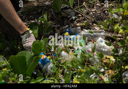 I membri del servizio da 18 paesi pulito una spiaggia locale come parte di un sei-beach area costiera cleanup avviata dalla Giamaica forza di difesa durante il Tradewinds 2016 alla vecchia prigione di Lane beach, Giamaica, 26 giugno 2016. Tradewinds include sia terrestre e marittimo, fasi che migliorano ulteriormente le opportunità per i paesi partecipanti per migliorare la loro capacità di condurre la sicurezza e soccorso in caso di catastrofe umanitaria e le operazioni di assistenza. (U.S. Marine Corps foto di Cpl. Justin T. Updegraff/ Rilasciato) Giamaica, 17 nazioni unire le forze per la massiccia beach cleanup 160626-M-TV331-038 Foto Stock