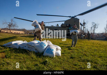 Il servizio DEGLI STATI UNITI i membri della Joint Task Force stack di Matteo sacchi di riso in Dame Marie, Haiti, durante una caduta di alimentazione per le zone colpite dal ciclone Matteo, Ottobre 12, 2016. Dopo cinque giorni di fornitura drop operazioni, Joint Task Force Matthew ha consegnato oltre 116 tonnellate di materiali di consumo utilizzando CH-53E Super Stallion e CH-47 elicotteri Chinook. Joint Task Force Matteo, U.S. Comando sud-team diretto, è compresa di Marines, soldati, marinai e aviatori distribuito a Port-au-Prince su richiesta del governo di Haiti in una missione di fornire aiuti umanitari e di soccorso in caso di catastrofe assis Foto Stock