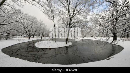 La vista in un parco della città nei pressi del centro storico di Varsavia, Polonia dopo la nevicata durante la notte precedente. Foto Stock